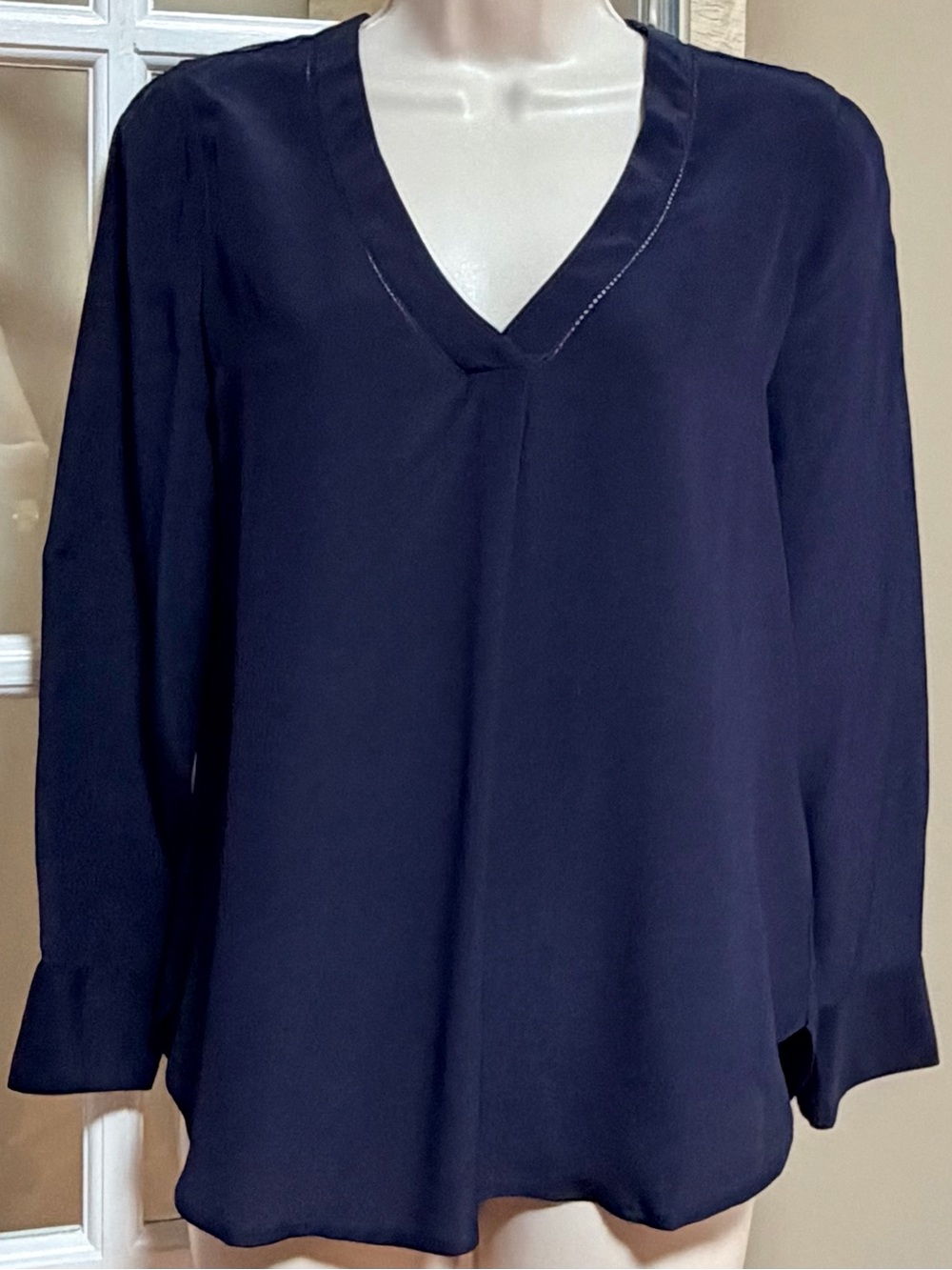J. Crew Navy V-Neck Long-Sleeve Silk-Like Blouse